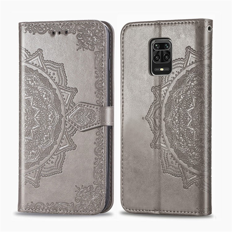 Embossed Mandala Flower Leather Case with Wallet Stand for Xiaomi Redmi Note 9 Pro / Note 9 Pro Max / Note 9S - Grey-4