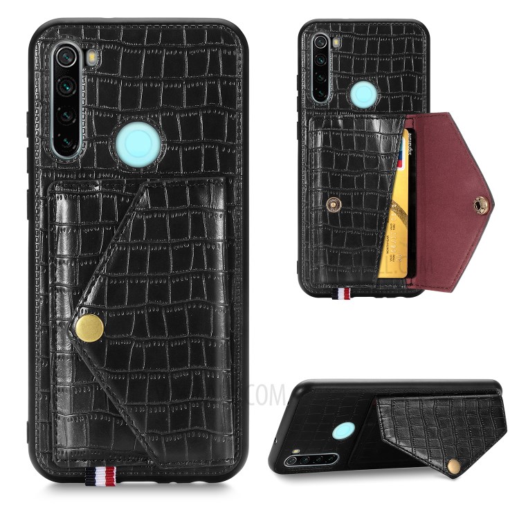 Crocodile Skin with Card Holder PU Leather Coated TPU Case for Xiaomi Redmi Note 8T - Black-1