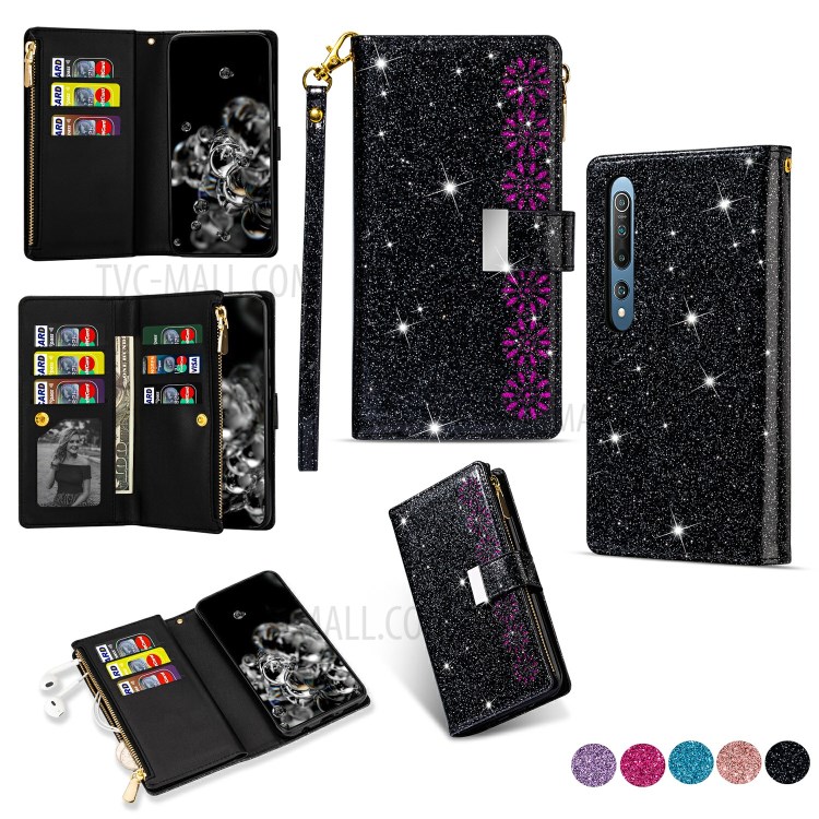 Glittery Starry Style Laser Carving Zipper Leather Phone Shell for Xiaomi Mi 10/Mi 10 Pro - Black-1