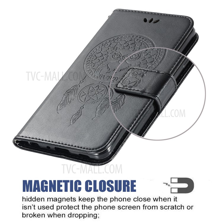 Imprinted Dream Catcher Owl Leather Wallet Case for Xiaomi Redmi Note 9 Pro/Note 9S - Black-5