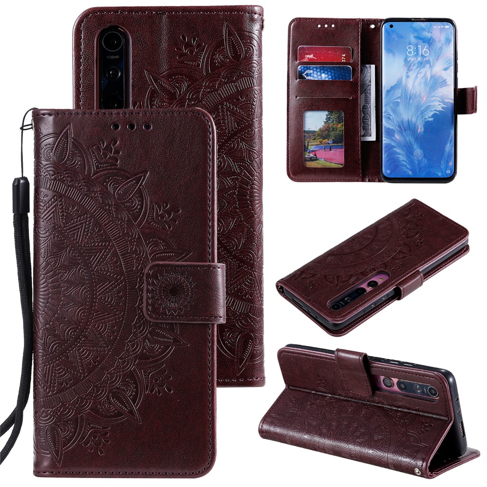 Imprint Flower Leather with Wallet Shell for Xiaomi Mi 10 - Brown-1