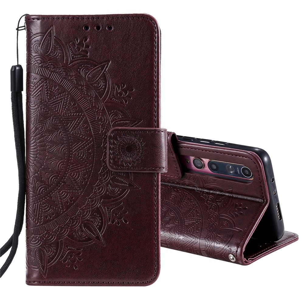 Imprint Flower Leather with Wallet Shell for Xiaomi Mi 10 - Brown-2