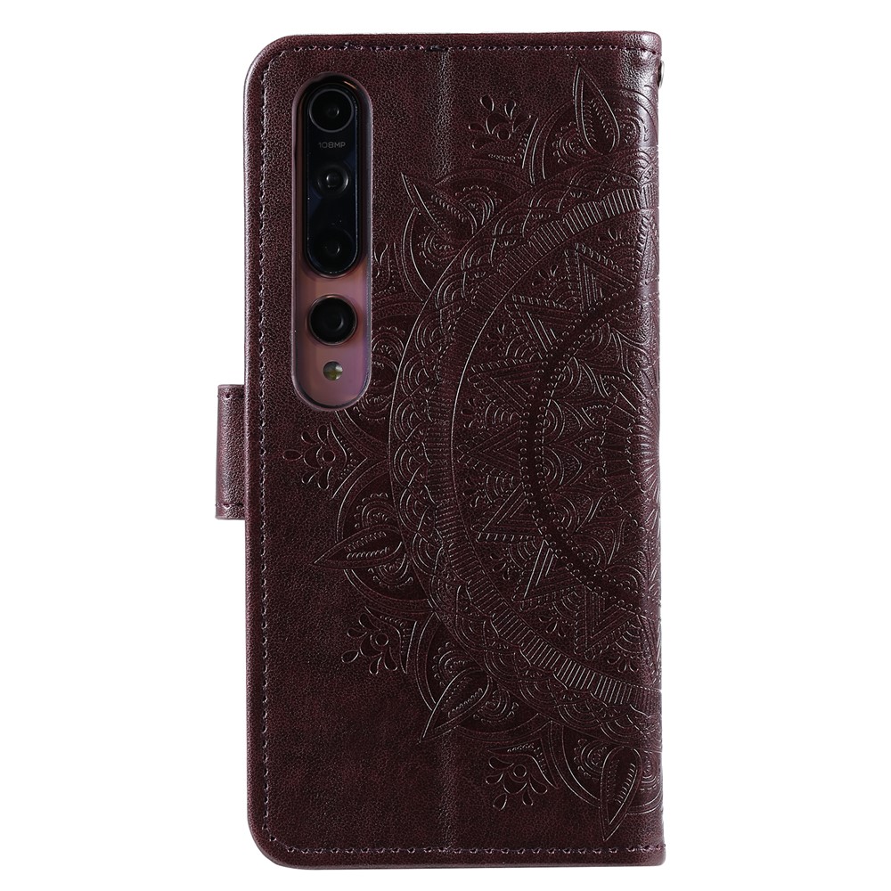 Imprint Flower Leather with Wallet Shell for Xiaomi Mi 10 - Brown-4