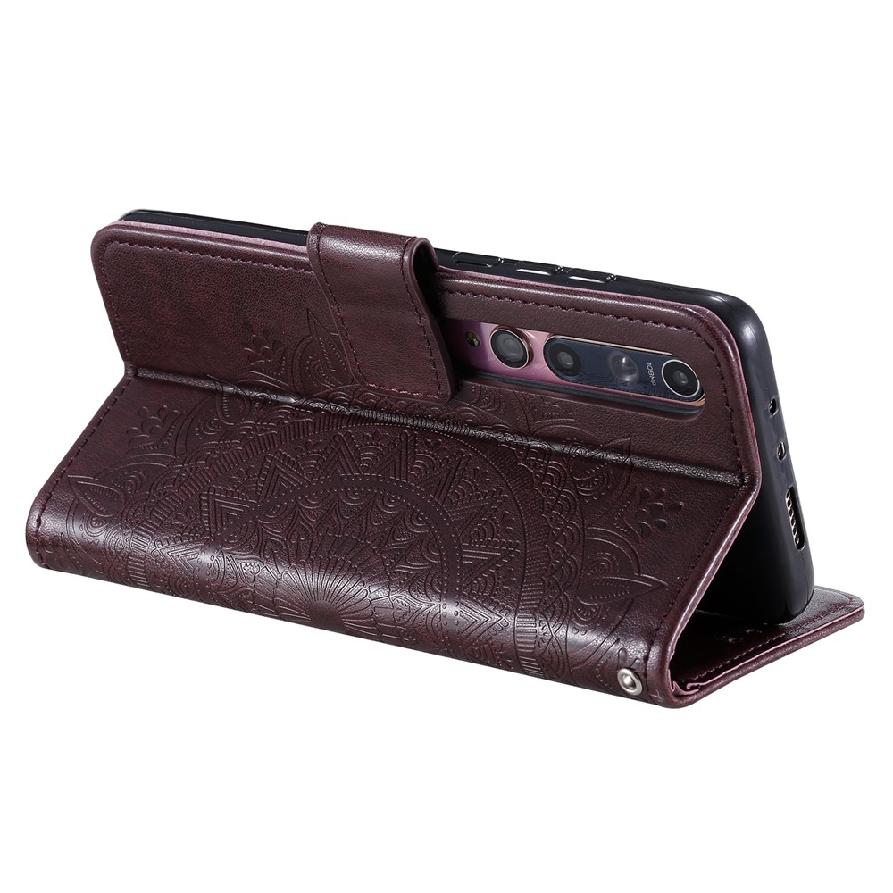 Imprint Flower Leather with Wallet Shell for Xiaomi Mi 10 - Brown-8