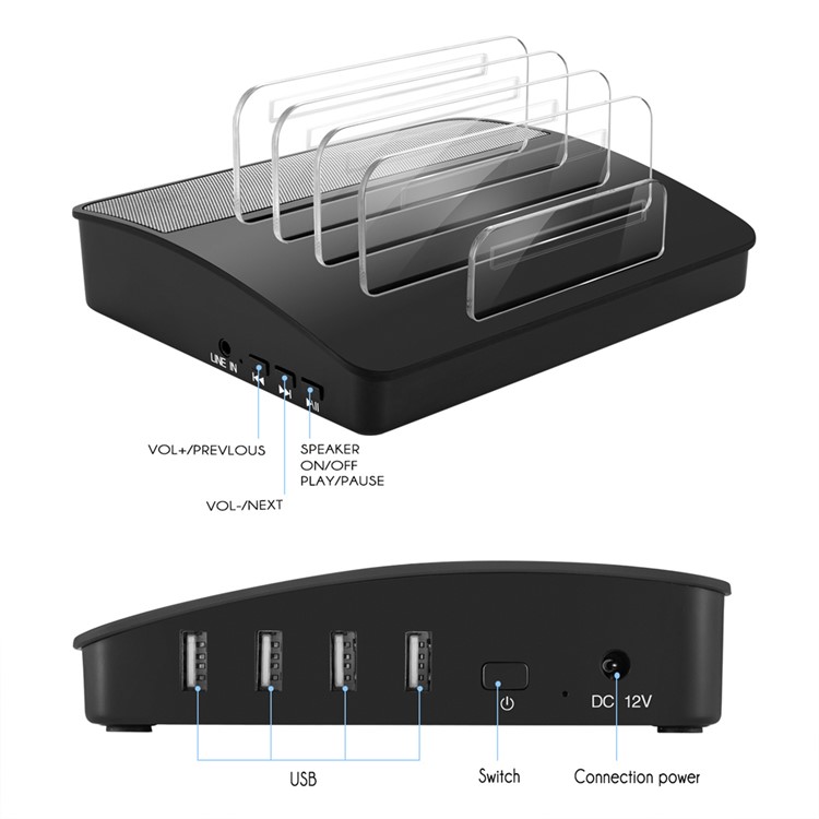 4 Ports USB Charging Station Dock with Wireless Bluetooth Speaker - Black / EU Plug-7