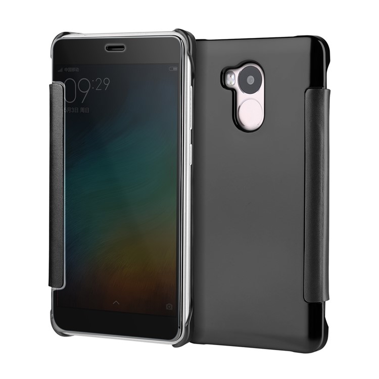 Mirror Plating Smart Window Mobile Case (PC + PU Leather) for Xiaomi Redmi Note 4 - Black-1