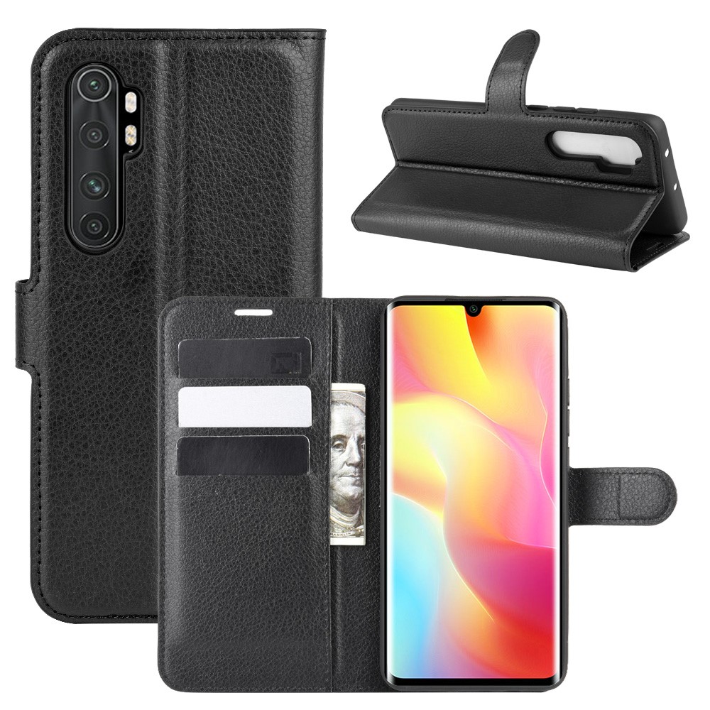 Litchi Skin Magnetic Leather Stand Case Para Xiaomi Mi Note 10 Lite - Negro