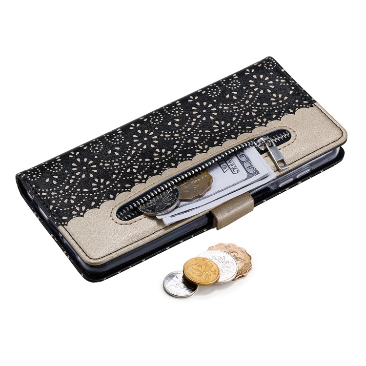 Lace Flower Skin Zipper Leather Cover for Xiaomi Redmi Note 9S/Note 9 Pro/Note 9 Pro Max - Black-9