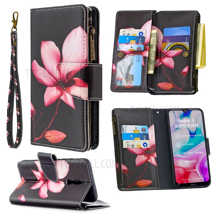 Patterned Zipper Wallet Multiple Card Slots Leather Phone Stand Case for Xiaomi Redmi 8 - Pink Flower-1