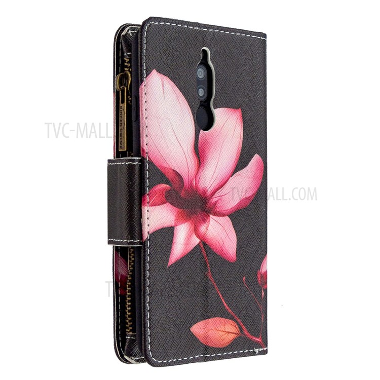 Patterned Zipper Wallet Multiple Card Slots Leather Phone Stand Case for Xiaomi Redmi 8 - Pink Flower-5