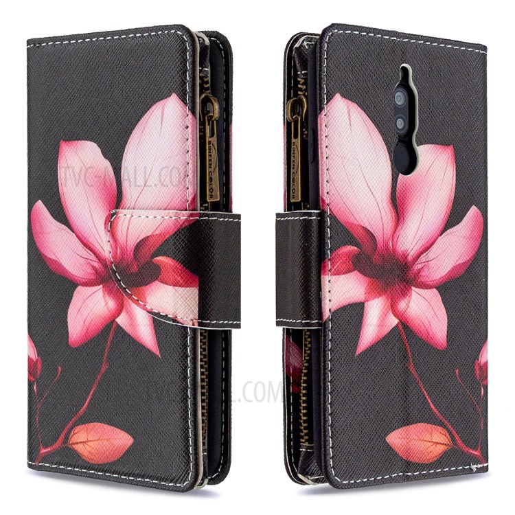 Patterned Zipper Wallet Multiple Card Slots Leather Phone Stand Case for Xiaomi Redmi 8 - Pink Flower-6