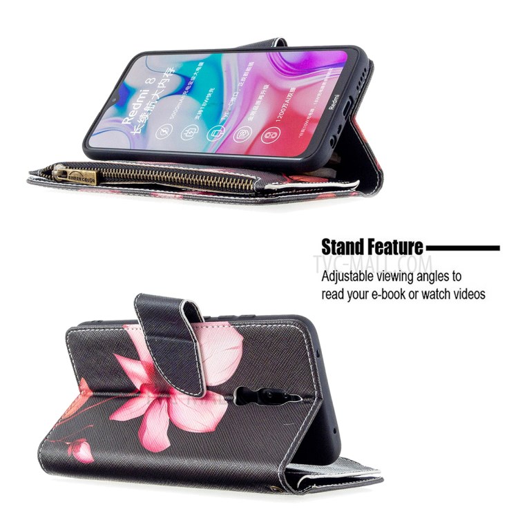 Patterned Zipper Wallet Multiple Card Slots Leather Phone Stand Case for Xiaomi Redmi 8 - Pink Flower-7