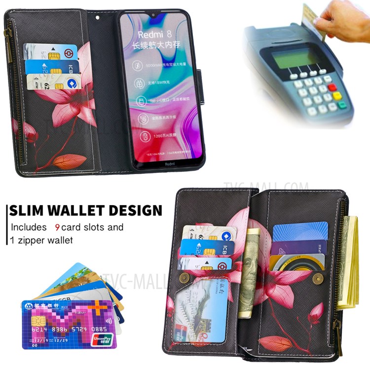 Patterned Zipper Wallet Multiple Card Slots Leather Phone Stand Case for Xiaomi Redmi 8 - Pink Flower-8