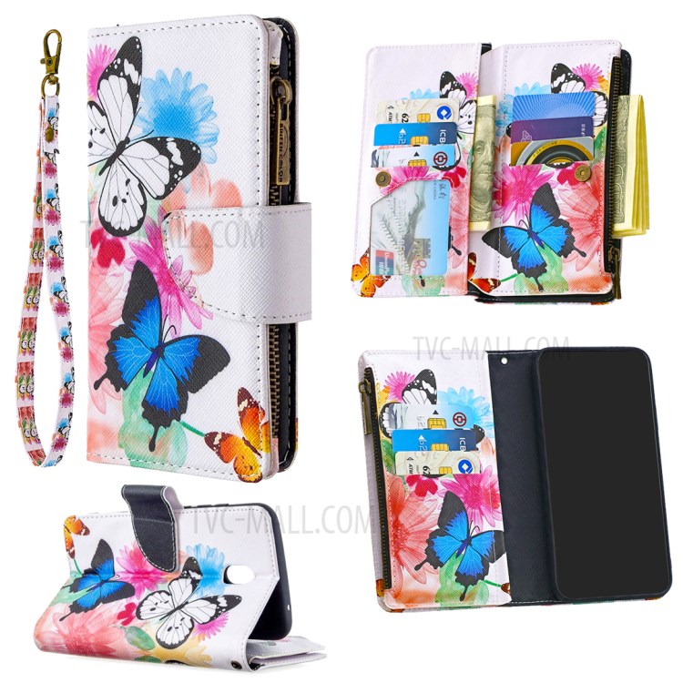 Patterned Zipper Wallet Multiple Card Slots Leather Phone Stand Case for Xiaomi Redmi 8A - Butterfly-1