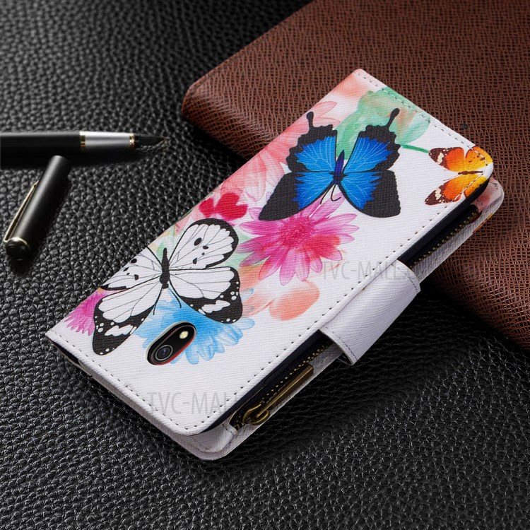 Patterned Zipper Wallet Multiple Card Slots Leather Phone Stand Case for Xiaomi Redmi 8A - Butterfly-3