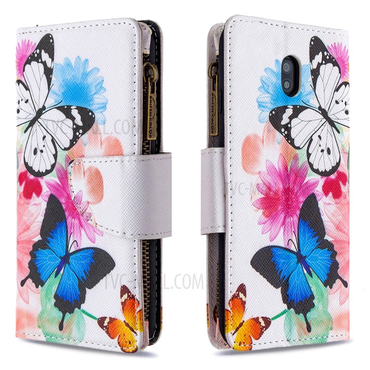 Patterned Zipper Wallet Multiple Card Slots Leather Phone Stand Case for Xiaomi Redmi 8A - Butterfly-6