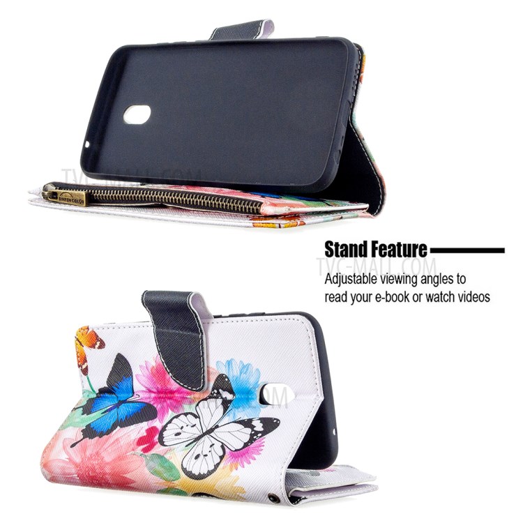 Patterned Zipper Wallet Multiple Card Slots Leather Phone Stand Case for Xiaomi Redmi 8A - Butterfly-7