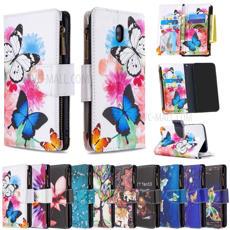 Patterned Zipper Wallet Multiple Card Slots Leather Phone Stand Case for Xiaomi Redmi 8A - Butterfly-9