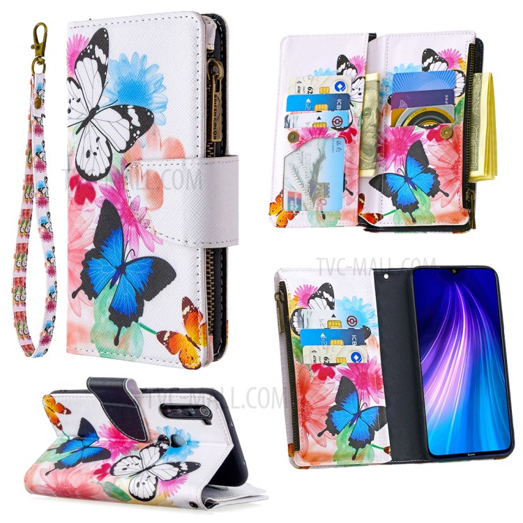 Patterned Zipper Wallet Multiple Card Slots Leather Phone Stand Case for Xiaomi Redmi Note 8 - Butterfly-1
