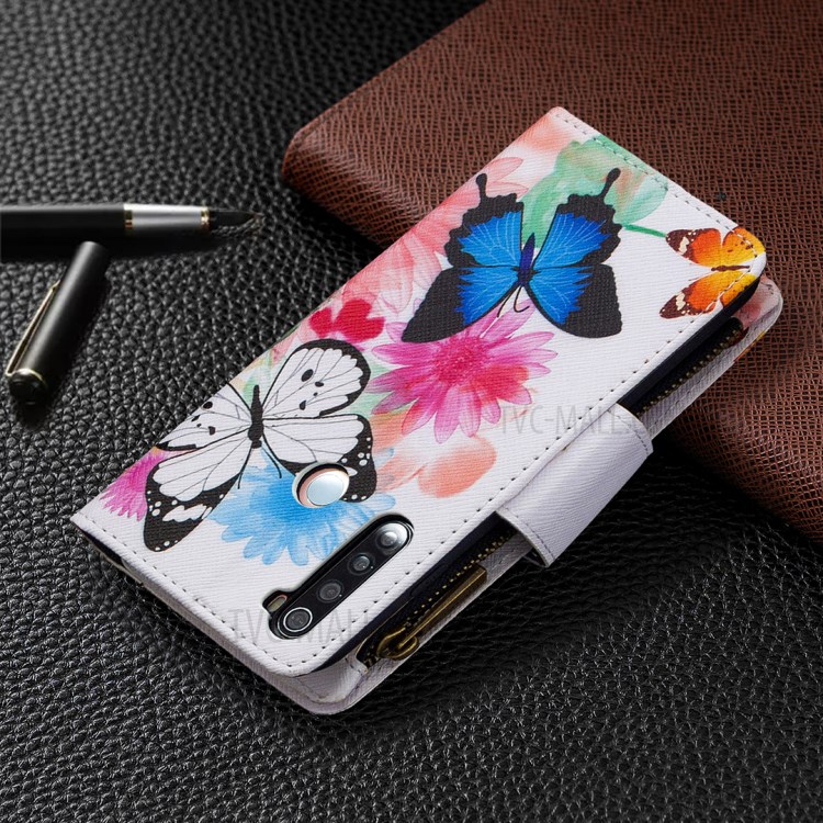 Patterned Zipper Wallet Multiple Card Slots Leather Phone Stand Case for Xiaomi Redmi Note 8 - Butterfly-3