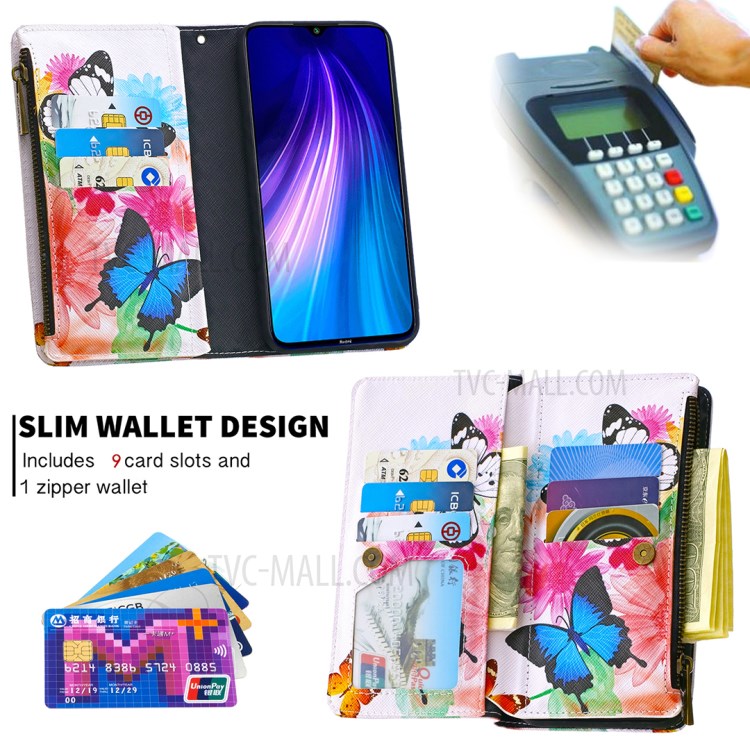 Patterned Zipper Wallet Multiple Card Slots Leather Phone Stand Case for Xiaomi Redmi Note 8 - Butterfly-8
