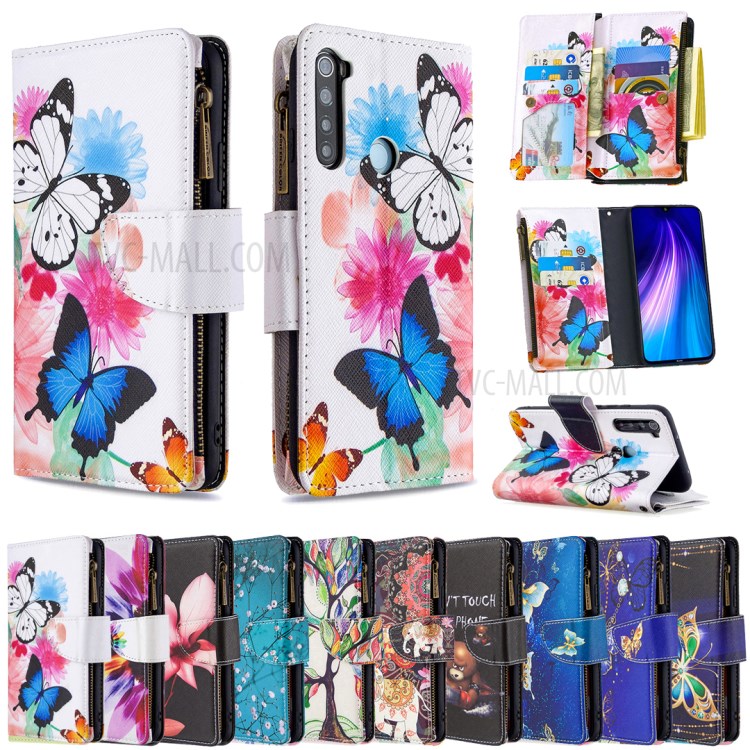 Patterned Zipper Wallet Multiple Card Slots Leather Phone Stand Case for Xiaomi Redmi Note 8 - Butterfly-9