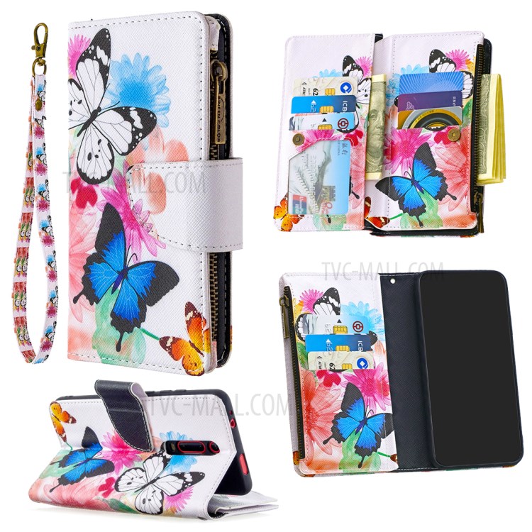 Pattern Printing Zipper Leather Shell for Xiaomi Redmi K20 / Mi 9T / K20 Pro / Mi 9T Pro - Butterfly-1