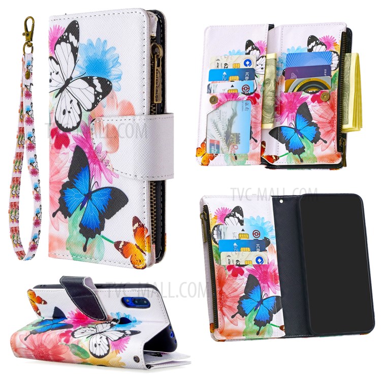 Pattern Printing Zipper with Wallet Leather Phone Case for Xiaomi Redmi 7 - Blue Butterfly-1