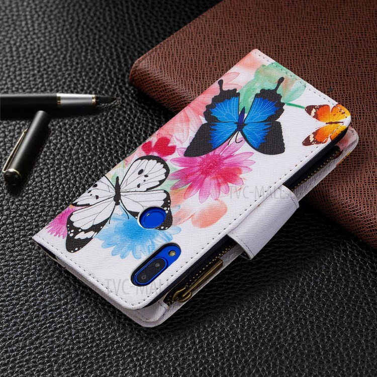 Pattern Printing Zipper with Wallet Leather Phone Case for Xiaomi Redmi 7 - Blue Butterfly-3