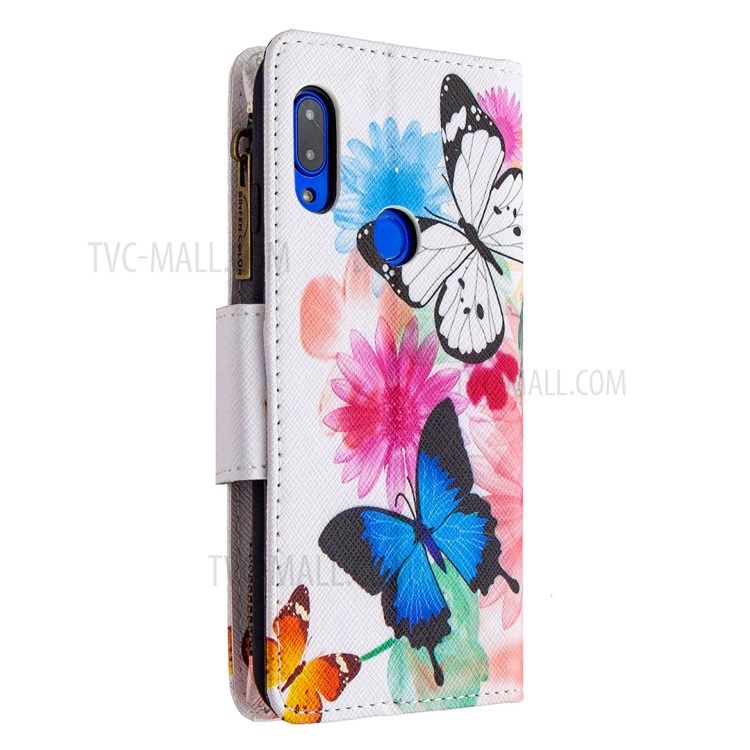 Pattern Printing Zipper with Wallet Leather Phone Case for Xiaomi Redmi 7 - Blue Butterfly-5