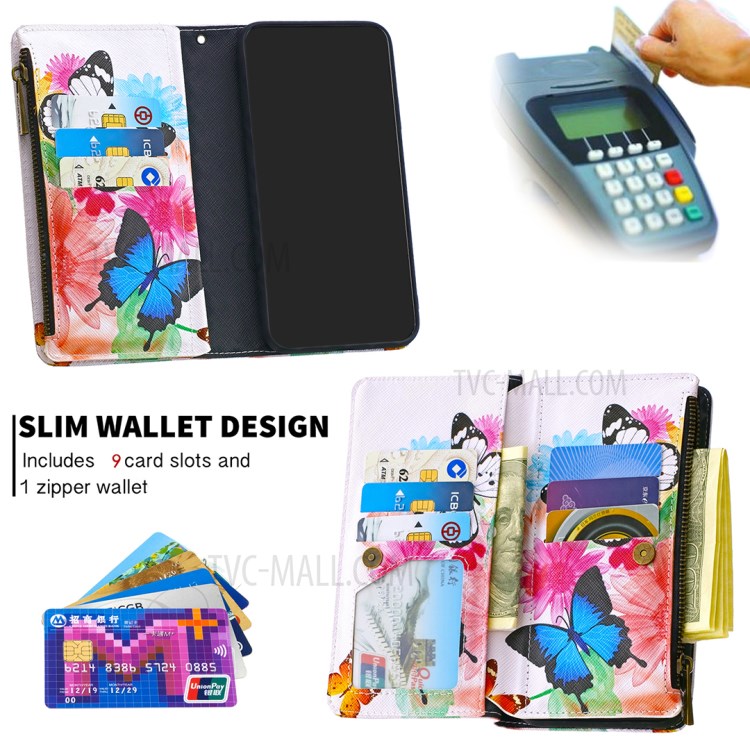 Pattern Printing Zipper with Wallet Leather Phone Case for Xiaomi Redmi 7 - Blue Butterfly-8