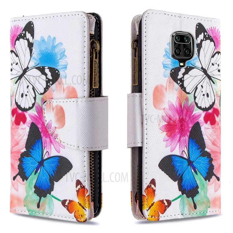 BF03 Pattern Printing Zipper Wallet Leather Protective Case for Xiaomi Redmi Note 9S/9 Pro/9 Pro Max - Blue and White Butterfly-6