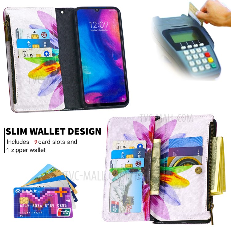 Modello BF03 Stampa Coperture Del Telefono Portafoglio In Pelle Con Chiusura Lampo Per Xiaomi Redmi Nota 7 - Petali Colorati-6