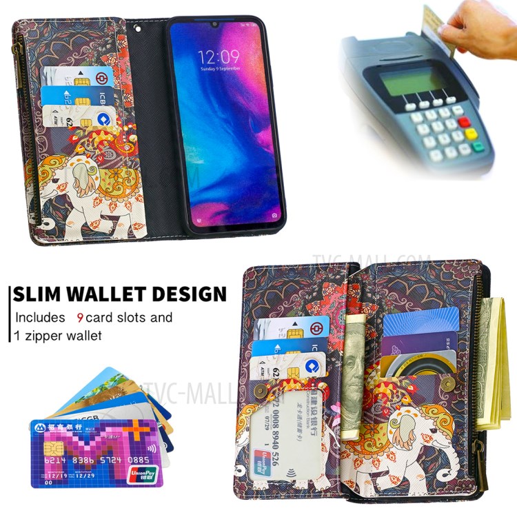 BF03 Pattern Printing Zipper Wallet Leather Phone Shell for Xiaomi Redmi Note 7 - Elephant-6