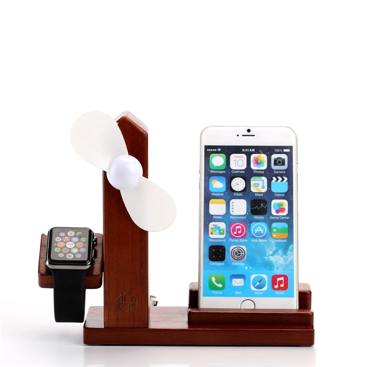 Wooden Phone Holder Docking Stand with USB Fan and 3 USB Ports for Smartphone Apple Watch-1