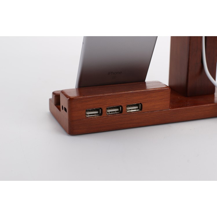 Wooden Phone Holder Docking Stand with USB Fan and 3 USB Ports for Smartphone Apple Watch-10