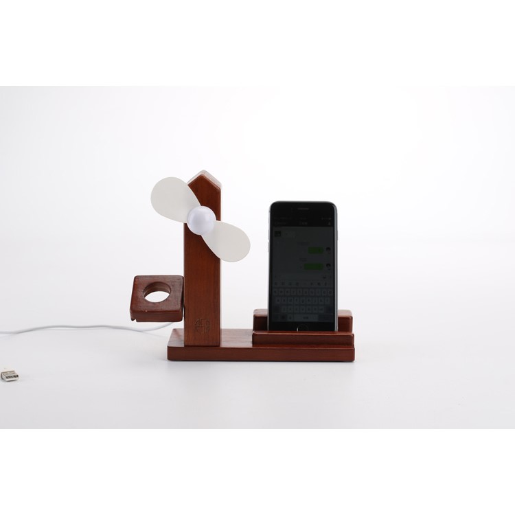 Wooden Phone Holder Docking Stand with USB Fan and 3 USB Ports for Smartphone Apple Watch-14