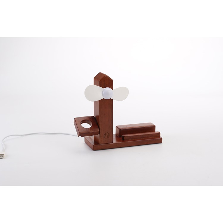 Wooden Phone Holder Docking Stand with USB Fan and 3 USB Ports for Smartphone Apple Watch-6