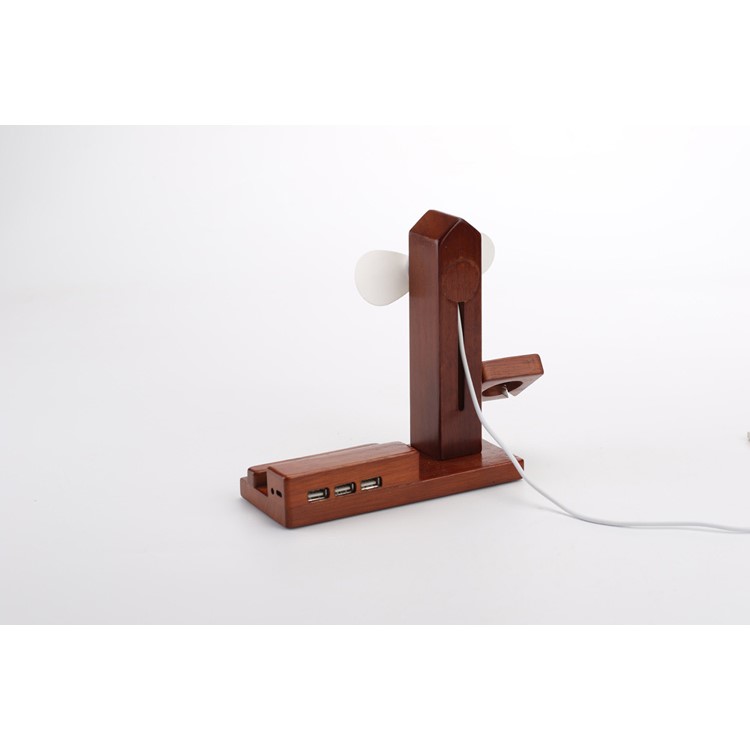 Wooden Phone Holder Docking Stand with USB Fan and 3 USB Ports for Smartphone Apple Watch-7
