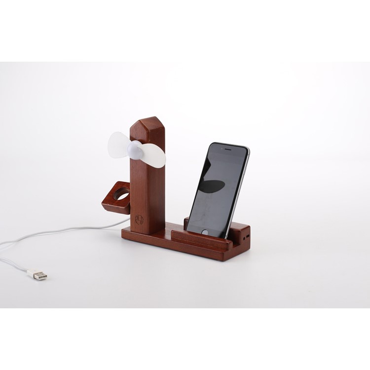 Wooden Phone Holder Docking Stand with USB Fan and 3 USB Ports for Smartphone Apple Watch-8