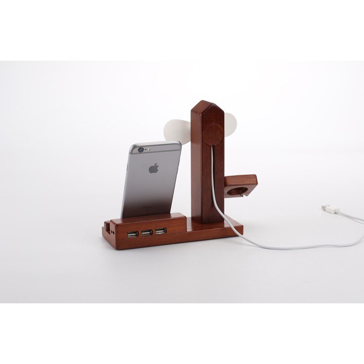 Wooden Phone Holder Docking Stand with USB Fan and 3 USB Ports for Smartphone Apple Watch-9