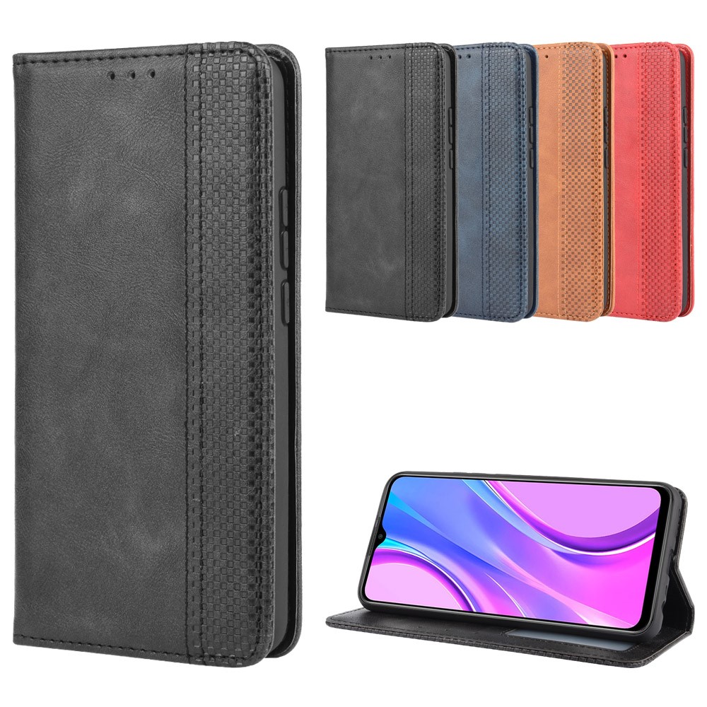 Vintage Style Leather Wallet Stand Phone Shell for Xiaomi Redmi 9 - Black-12