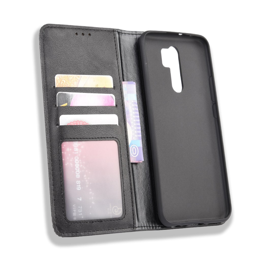 Vintage Style Leather Wallet Stand Phone Shell for Xiaomi Redmi 9 - Black-4