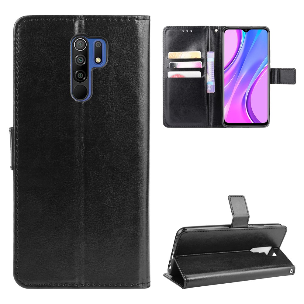 Crazy Horse Textura Carrinho Carteira Caso De Telefone De Couro Para Xiaomi Redmi 9 - Preto-1