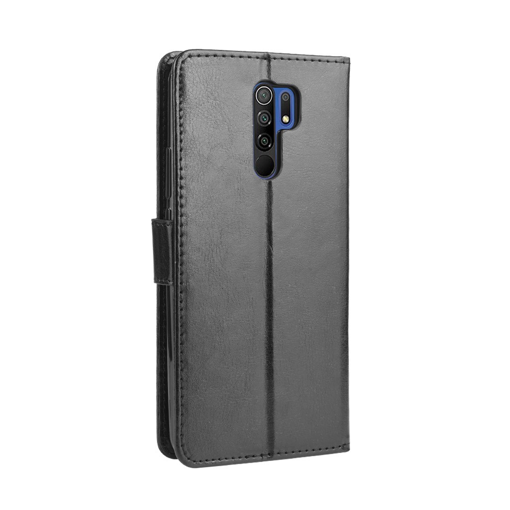 Crazy Horse Textura Carrinho Carteira Caso De Telefone De Couro Para Xiaomi Redmi 9 - Preto-7