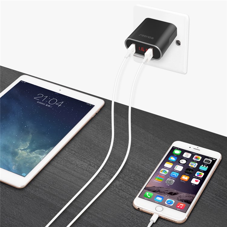 SEENDA Dual USB Ports 2.1A Fast Charge Wall Charger with Digital Display - Black / US Plug-3
