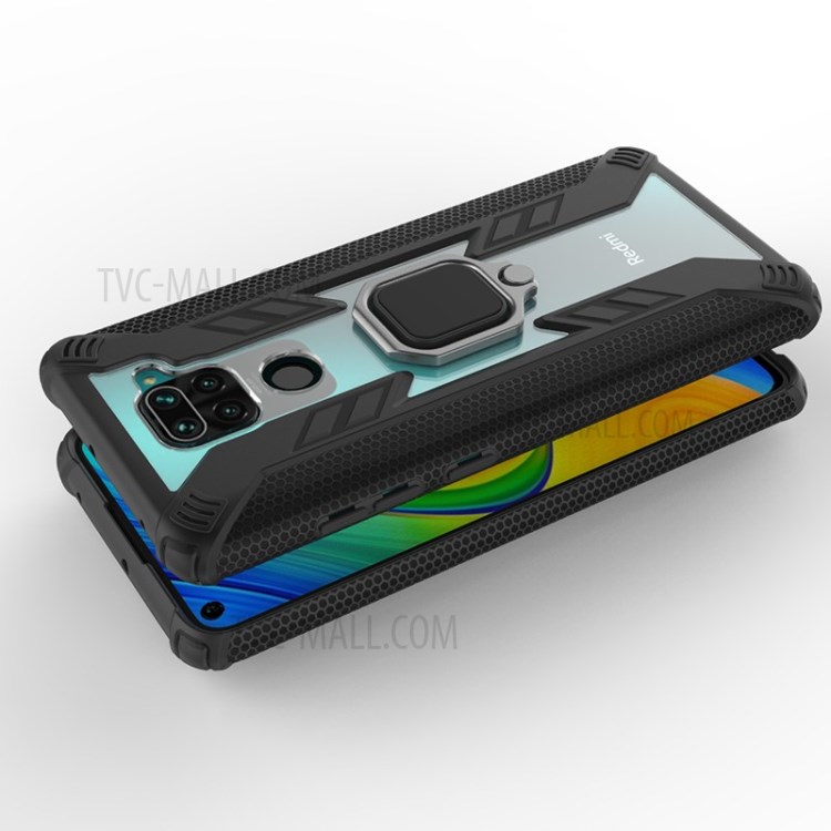 Anel De Dedo Estilo Guerreiro Kickstand PC + TPU Tampa De Combinação De Volta Para Xiaomi Redmi Nota 9 / Redmi 10X 4G - Preto-11