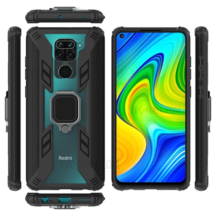 Anel De Dedo Estilo Guerreiro Kickstand PC + TPU Tampa De Combinação De Volta Para Xiaomi Redmi Nota 9 / Redmi 10X 4G - Preto-12