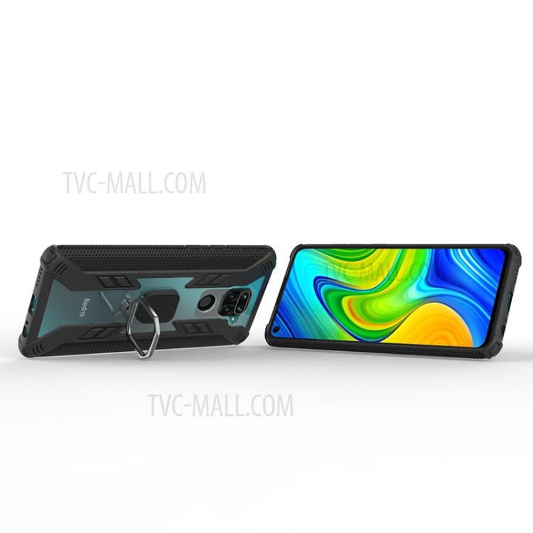 Anel De Dedo Estilo Guerreiro Kickstand PC + TPU Tampa De Combinação De Volta Para Xiaomi Redmi Nota 9 / Redmi 10X 4G - Preto-13