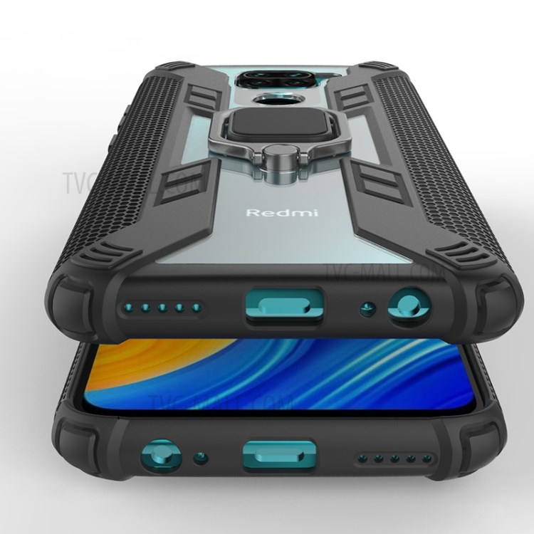 Anel De Dedo Estilo Guerreiro Kickstand PC + TPU Tampa De Combinação De Volta Para Xiaomi Redmi Nota 9 / Redmi 10X 4G - Preto-6